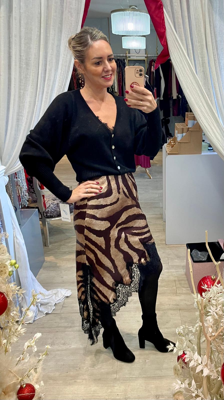 Animal & Lace Asymmetric Satin Skirt
