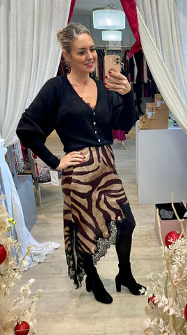 Animal & Lace Asymmetric Satin Skirt