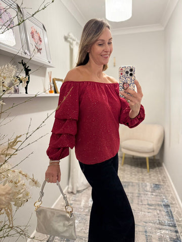 Ruched Sleeve Sparkle Bardot Top