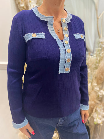 Denim Trim Ribbed Top