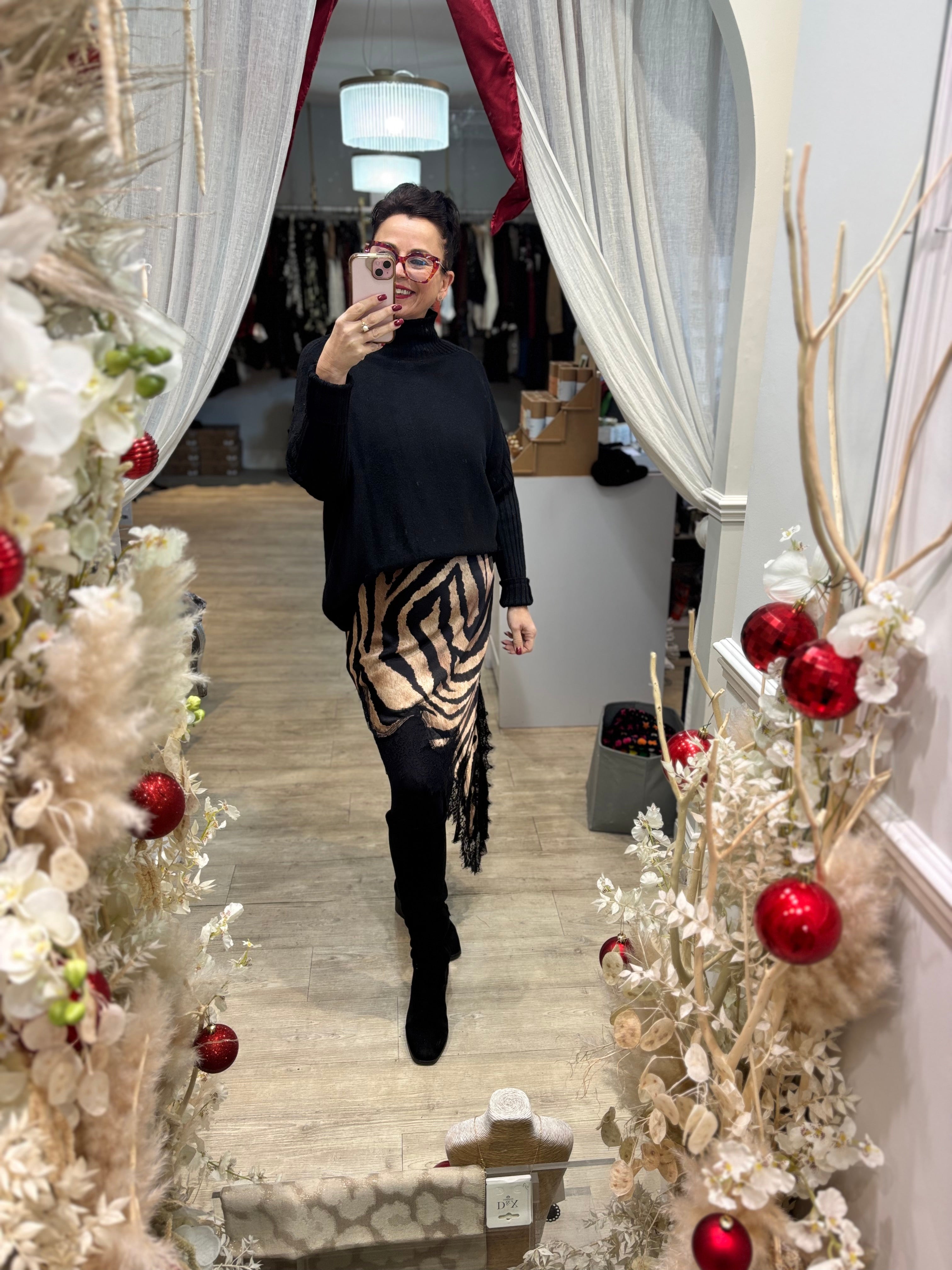 Animal & Lace Asymmetric Satin Skirt