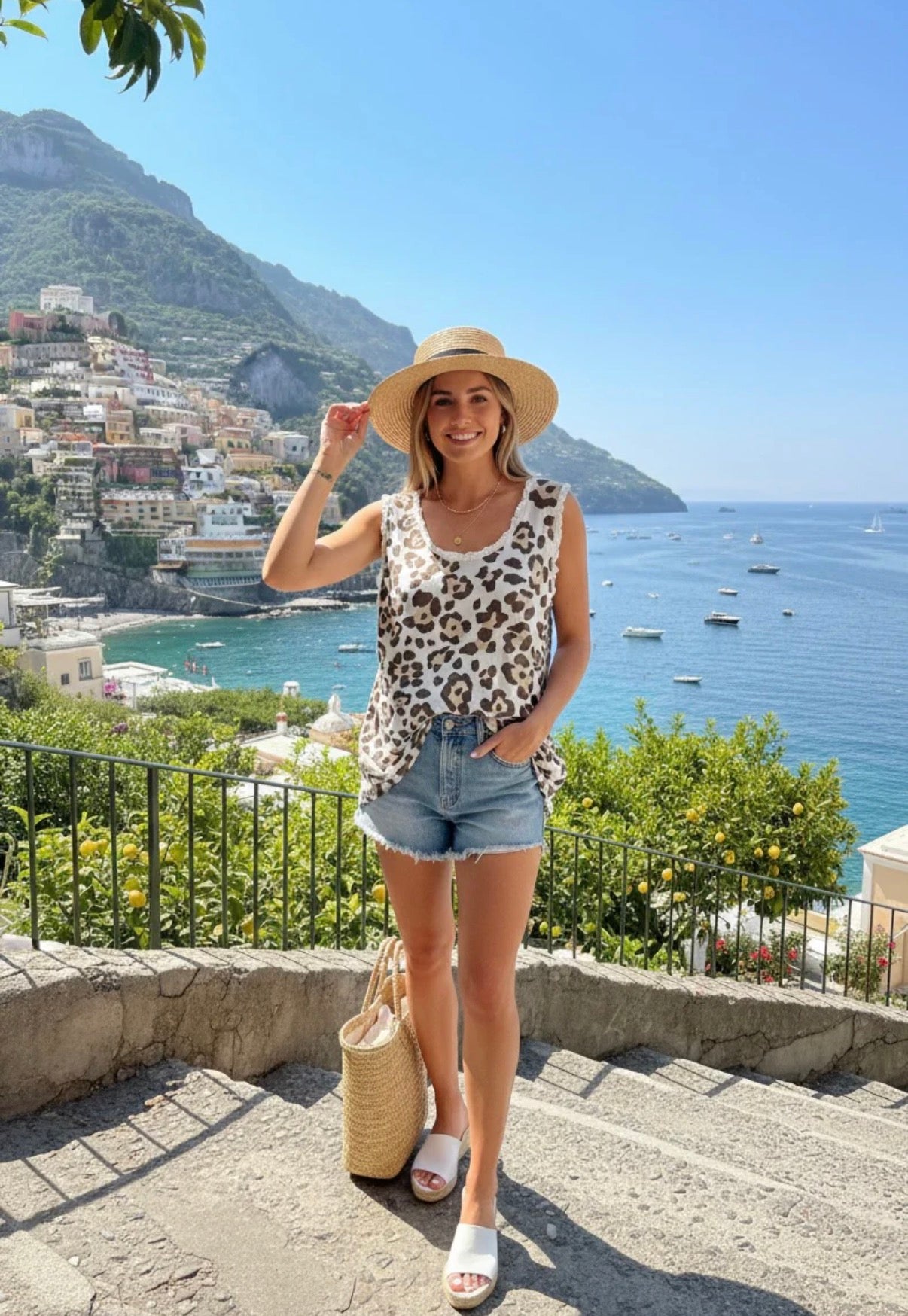 Leopard Frill Ribbed Vest