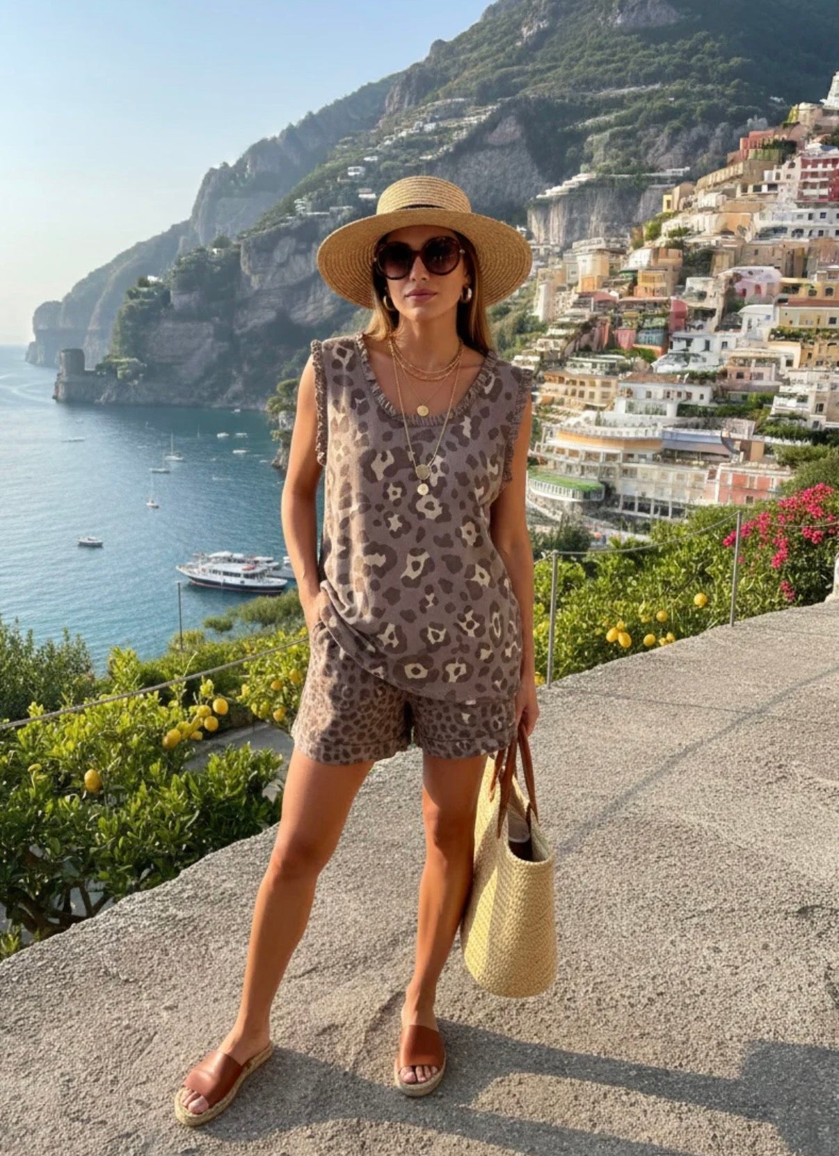 Leopard Frill Ribbed Vest