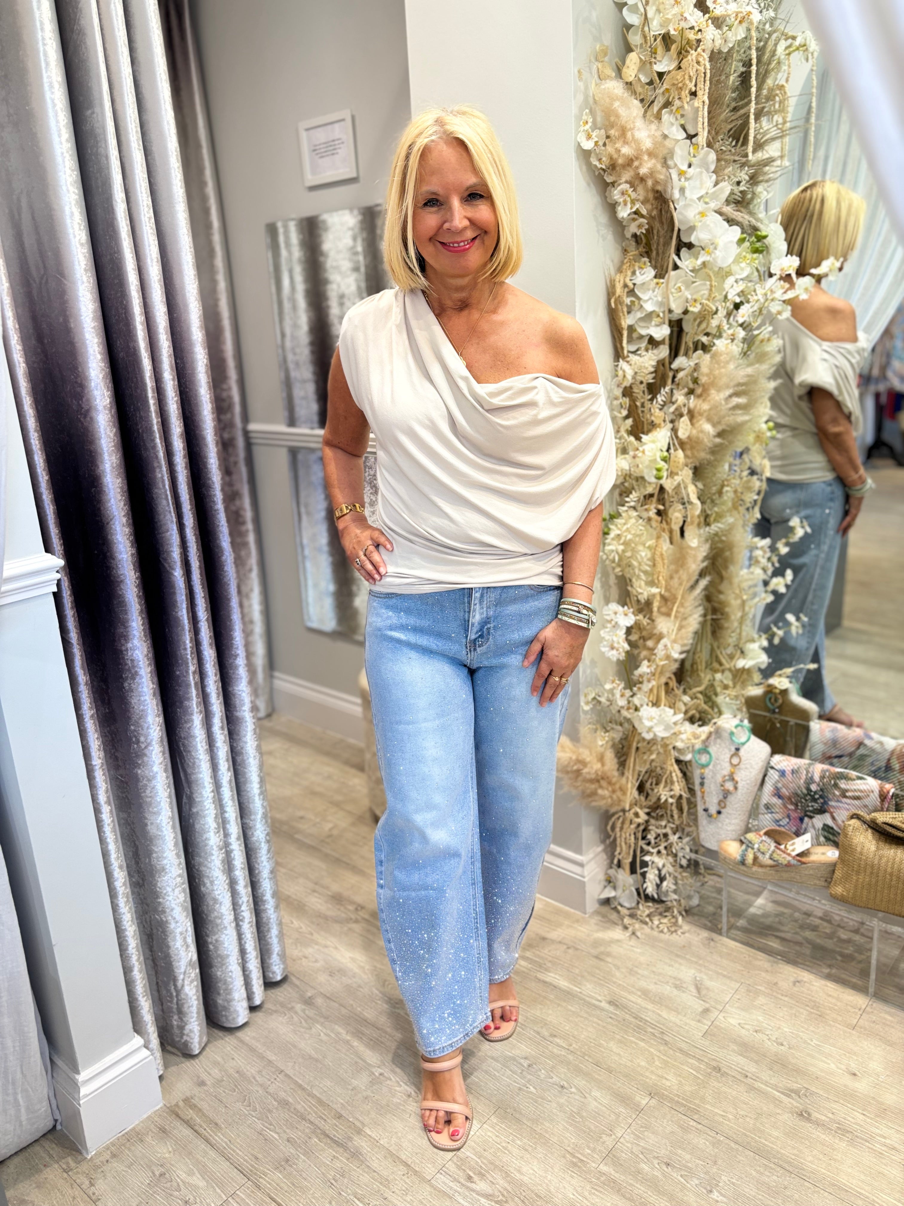 Padded Shoulder Cowl Top