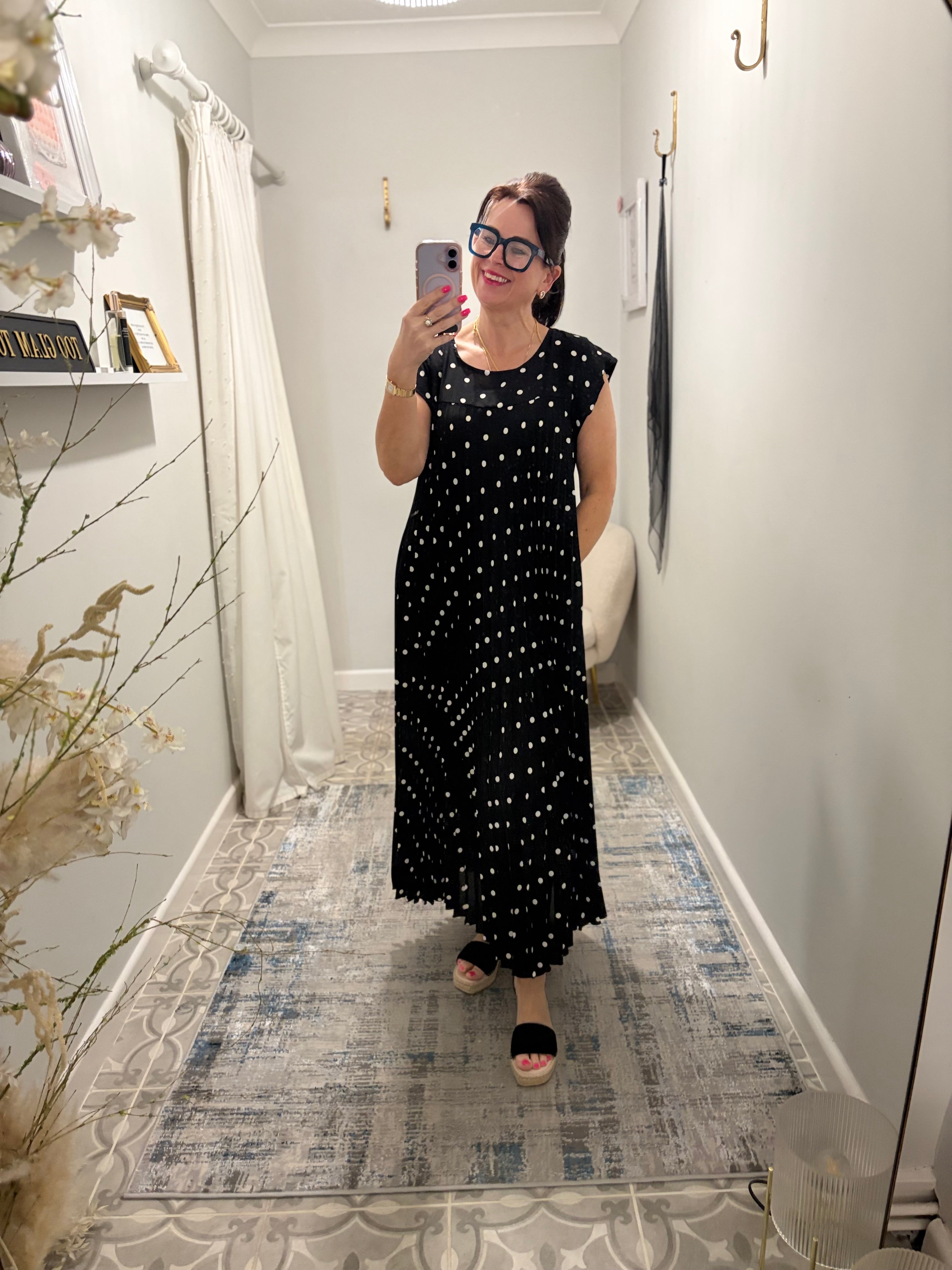 Polka Dot Pleated Floaty Dress