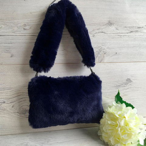 Detachable Strap Navy Faux Fur Bag