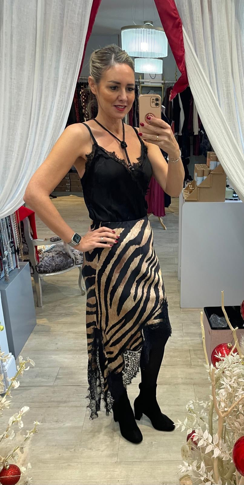 Animal & Lace Asymmetric Satin Skirt
