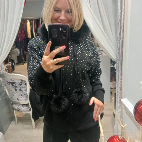 Lindy Rhinestone Fur Trim Hoodie